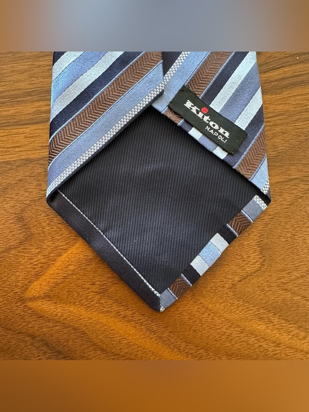 Kiton Seven Fold Light Blue and Brown Striped Silk Tie